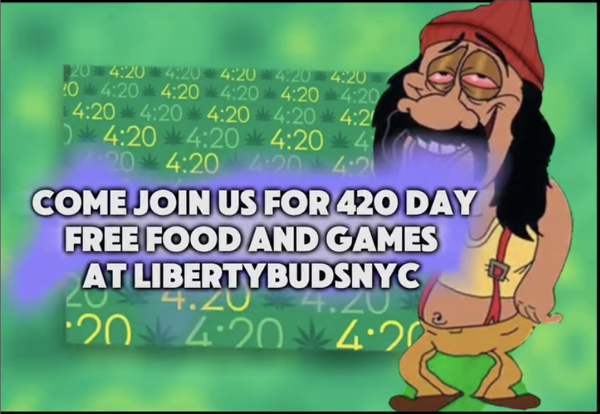 A festive 4/20 setup at Liberty Buds featuring food tables, games, and smiling customers enjoying the celebration.